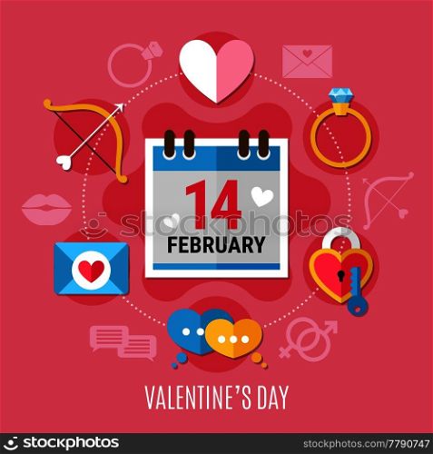 Colored and flat valentines day composition with romantic elements around this date vector illustration. Valentines Day Composition