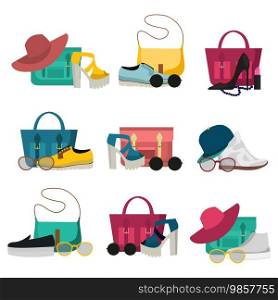 Colored and isolated fashion accessories icon set with womens handbags shoes and hats vector illustration. Fashion Accessories Icon Set