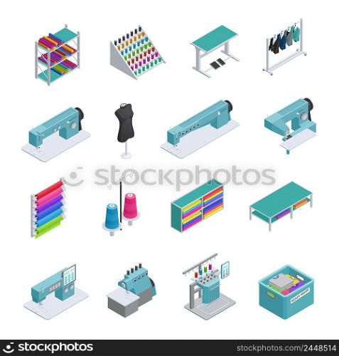 Colored and isolated garment factory isometric icon set machines sewing machines garment manufacturing vector illustration. Garment Factory Isometric Icon Set