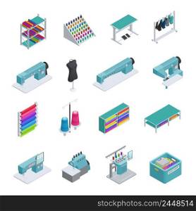 Colored and isolated garment factory isometric icon set machines sewing machines garment manufacturing vector illustration. Garment Factory Isometric Icon Set