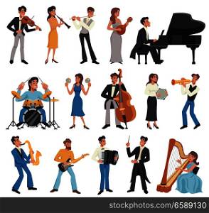 Colored and isolated musician icon set with men and women play instruments and sing vector illustration. Musician Icon Set