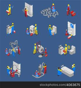 Colored and isolated plumber isometric people icon set with at the workplace in uniform vector illustration. Plumber Isometric People Icon Set