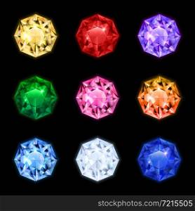 Colored and isolated realistic diamond gemstone icon set in round shapes and different colors vector illustration. Realistic Diamond Gemstone Icon Set