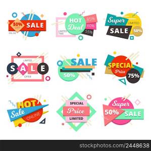 Colored and isolated sale material design geometric icon set with super sale and special price descriptions vector illustration. Sale Material Design Geometric Icon Set