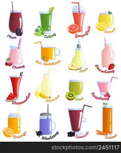Colored and isolated smoothie cocktails icon set with different flavors plum cherry lemon watermelon orange banana kiwi raspberry blueberry and others vector illustration. Smoothie Cocktails Icon Set
