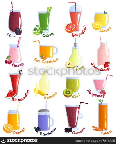 Colored and isolated smoothie cocktails icon set with different flavors plum cherry lemon watermelon orange banana kiwi raspberry blueberry and others vector illustration. Smoothie Cocktails Icon Set