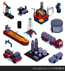 Colored and isometric oil petroleum industry icon set with trucks warehouse and equipment vector illustration