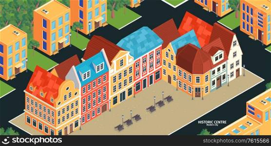 Colored and isometric old town horizontal composition with historic centre modern city headline vector illustration