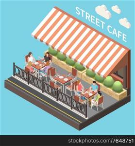 Colored and isometric street cafe terrace composition open summer terrace with guests vector illustration
