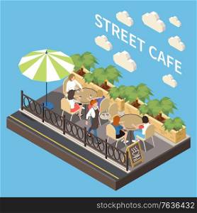 Colored and isometric street cafe terrace composition restaurant with outdoor seating area vector illustration
