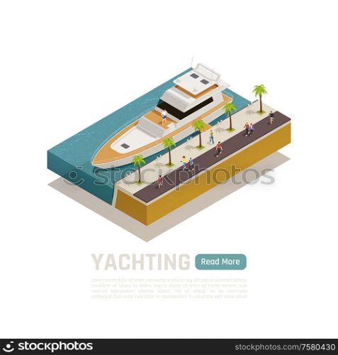 Colored and isometric yachting banner with read more button and big boat vector illustration