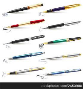 Colored and realistic business fountain pen icon set with blue black ink and ballpoint fountain pens vector illustration. Business Fountain Pen Icon Set