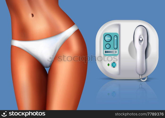 Colored and realistic depilation laser hair removal woman composition with tool and woman figure vector illustration. Depilation Laser Hair Removal Woman Composition