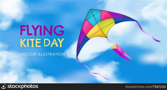 Colored and realistic kite banner with flying kite day headline in the sky vector illustration