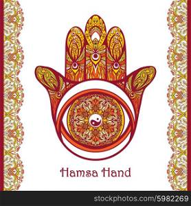 Colored arabic amulet hamsa hand with flower ornament vector illustration. Colored Hamsa Hand
