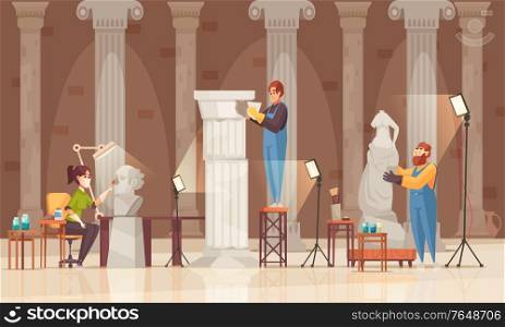 Colored artist restorer museum composition with three persons work on the sculpture vector illustration