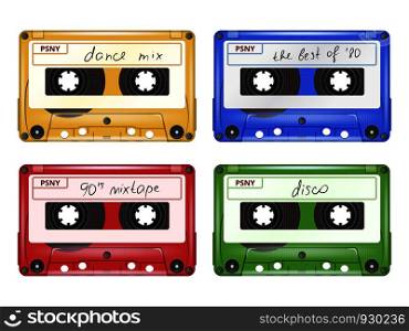 Colored audio cassette. Mixtape retro pop rock music equipment vector set of realistic pictures isolated. Set of cassette tape, stereo record illustration. Colored audio cassette. Mixtape retro pop rock music equipment vector set of realistic pictures isolated