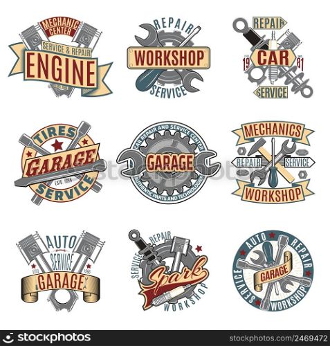 Colored auto repair service logotypes set with garage mechanic tools and equipment isolated vector illustration. Colored Auto Repair Service Logotypes Set