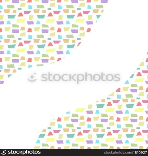 Colored background with different geometric shapes and wavy space in the center for text or congratulations. Scalable vector graphicsspot, abstraction, pattern, ornament, background, seamless, print, texture, banner, poster, bright, colored, multicolored, embossing, decoration, decorative, panel, wall, splash, creativity, art, artistic, unique, unique, unique, space, place, congratulation, birthday, name day, wedding, Vector; illustration; image; drawing; drawn; sketch; circuit; graphic; visual; modern; layout; element; design; decoration; template, blank, creativity, flat,