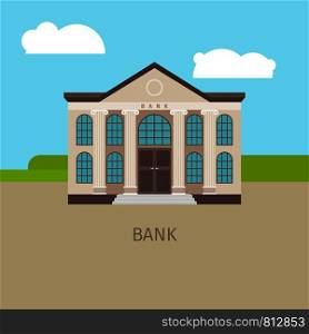 Colored bank building with sky and clouds, vector illustration. Colored bank building illustration
