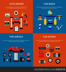 Colored banners set of concept illustrations of car services. Automobile washing and wheels repair. Automobile maintenance service, engine repair and wash. Colored banners set of concept illustrations of car services. Automobile washing and wheels repair