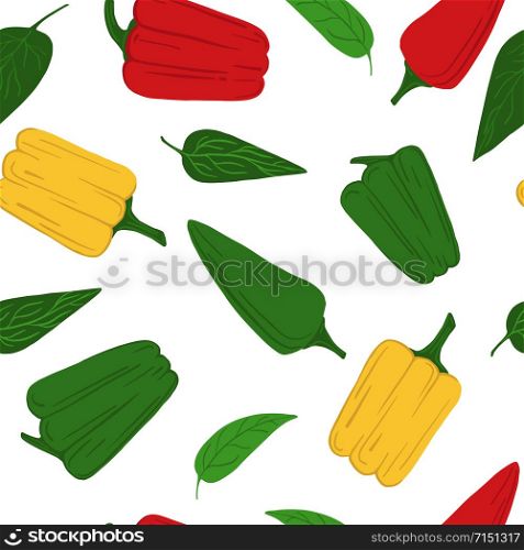 Colored bell pepper seamless pattern on white background. Pepper hand drawn wallpaper. Design for fabric, textile print, wrapping paper, textile, restaurant menu. Vector illustration. Colored bell pepper seamless pattern on white background.