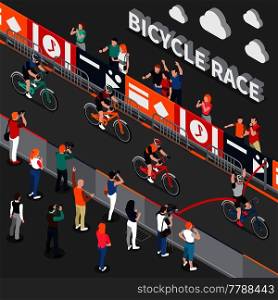 Colored bicycle isometric composition with racers on bicycle race and group of fans vector illustration. Bicycle Isometric Composition