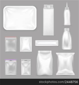 Colored blank food packaging realistic icon set with zip lock bags in different sizes vector illustration. Blank Food Packaging Realistic Set