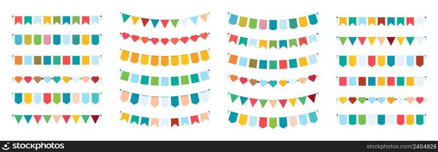 Colored bunting flags. Carnival collection items party decoration symbols garish vector banners set isolated. Carnival festival bunting decoration. Colored bunting flags. Carnival collection items party decoration symbols garish vector banners set isolated