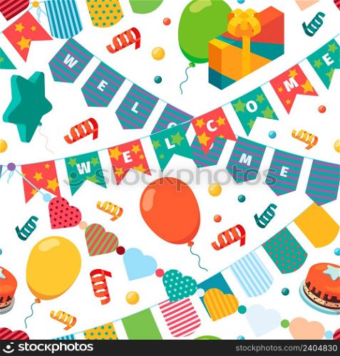 Colored bunting flags pattern. Kids birthday party celebration items event banners for textile design vector seamless background. Flag bunting decoration to celebration, pattern hanging illustration. Colored bunting flags pattern. Kids birthday party celebration items event banners for textile design projects garish vector seamless background