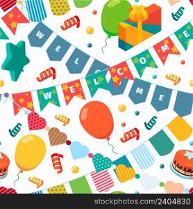 Colored bunting flags pattern. Kids birthday party celebration items event banners for textile design vector seamless background. Flag bunting decoration to celebration, pattern hanging illustration. Colored bunting flags pattern. Kids birthday party celebration items event banners for textile design projects garish vector seamless background