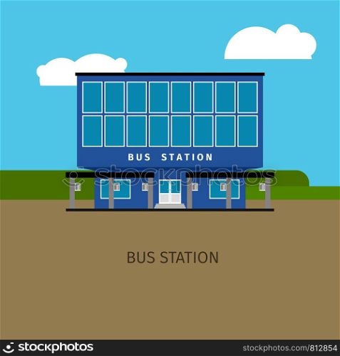 Colored bus station building with sky and clouds, vector illustration. Colored bus station building illustration