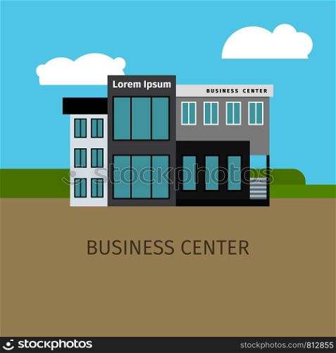 Colored business center building with sky and clouds, vector illustration. Colored business center building illustration