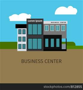 Colored business center building with sky and clouds, vector illustration. Colored business center building illustration