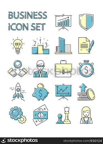 Colored business icon. Responsive symbols set data perfection speaker finance strategy startup employees vector outline. Illustration of startup finance, business chart analysis and management. Colored business icon. Responsive symbols set data perfection speaker finance strategy startup employees vector outline