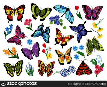 Colored butterflies. Hand drawn simple collection of butterflies and flowers isolated on white background. Vector graphic collection drawn vintage flying insect. Colored butterflies. Hand drawn simple collection of butterflies and flowers isolated on white background. Vector graphic collection