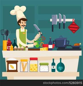 Colored Cafe Worker Composition. Colored cafe worker composition with the chef prepares meals in kitchen of the restaurant vector illustration