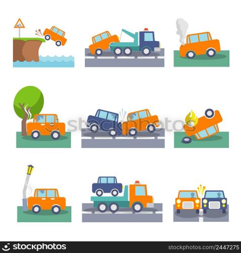 Colored car crash accidents and driving safety icons set isolated vector illustration