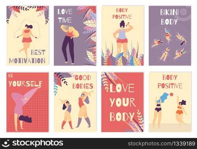 Colored Card Set with Positive Body Woman Best Motivation Love Time Yourself Figure Be Active Concept Vector Inspirational Lettering Illustration with Floral Design and Beautiful Plus Size Girls. Set Colored Card Positive Body Woman Motivation
