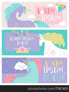 Colored cards with unicorn. Drawing fantasy horse. Unicorn dreaming fantasy, horse pretty and lovely. Vector illustration. Colored cards with unicorn. Drawing fantasy horse