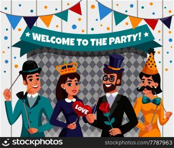Colored carnival photo booth party people composition with welcome to the party headline or transparent vector illustration. Carnival Photo Booth Party People Composition