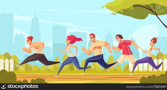 Colored cartoon background with group of young people in sportswear running in city park vector illustration