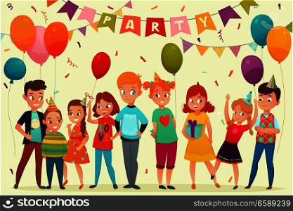 Colored cartoon kids party composition with birthday party team garlands and gifts vector illustration. Kids Party Composition