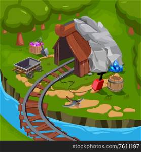 Colored cartoon mining game design composition landscape with mine and miners equipment vector illustration