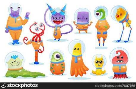 Colored cartoon set of cute monster and alien creatures for kids game isolated vector illustration