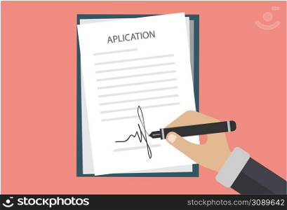 Colored Cartooned Hand Signing Contract. Graphic Design on White Background. Vector illustration. Colored Cartooned Hand Signing Contract. Graphic Design on White Background