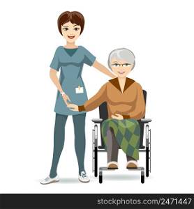 Colored Cartooned Senior Woman Sitting on Wheelchair with Caregiver. Isolated on White Background.