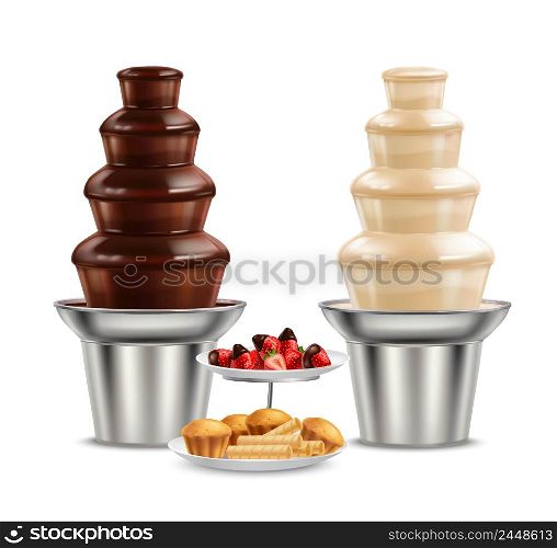Colored chocolate black white fountain realistic composition with white and dark chocolate vector illustration. Chocolate Black White Fountain Realistic Composition