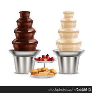 Colored chocolate black white fountain realistic composition with white and dark chocolate vector illustration. Chocolate Black White Fountain Realistic Composition