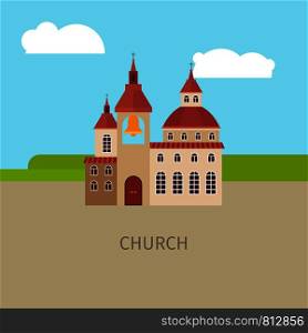 Colored church building with sky and clouds, vector illustration. Colored church building illustration